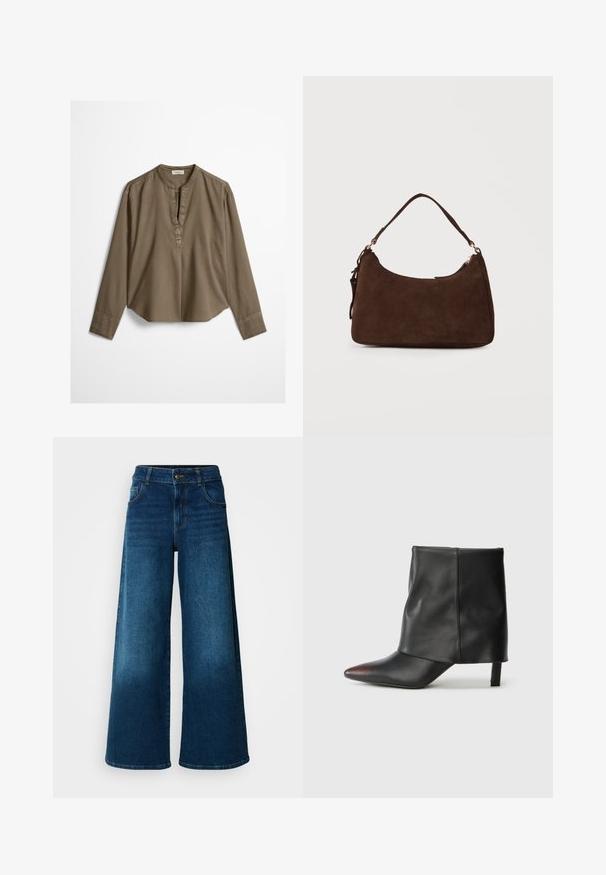 Blouse décontractée marron à manches longues avec col mandarin, pli à l'avant et ourlet légèrement arrondi, étalée à plat sur un fond blanc.; Jean large en denim bleu foncé. Doté d'une taille haute, d'une fermeture à bouton et d'un design classique à cinq poches avec une légère décoloration.; Bottine noire en cuir lisse avec un bout pointu et un talon effilé. La tige présente un design légèrement froncé.; Sac à bandoulière en daim marron avec une seule sangle et une fermeture éclair sur un fond clair uni.
