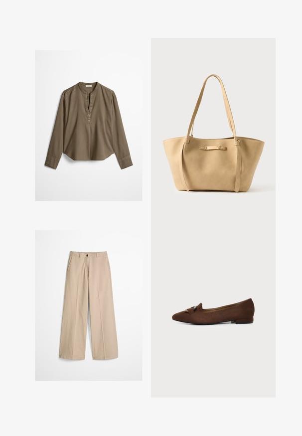 Blouse décontractée marron à manches longues avec col mandarin, pli à l'avant et ourlet légèrement arrondi, étalée à plat sur un fond blanc.; Pantalon beige à jambes larges avec pli frontal, passants pour ceinture, fermeture par bouton et une petite étiquette en tissu sur le côté droit de la ceinture.; Chaussure plate marron à bout pointu avec détail décoratif de boucle sur le dessus, sur fond clair uni.; Sac fourre-tout en cuir beige avec deux longues lanières, texture lisse et un subtil accent en métal à l'avant. Conception à ouverture supérieure, intérieur spacieux.