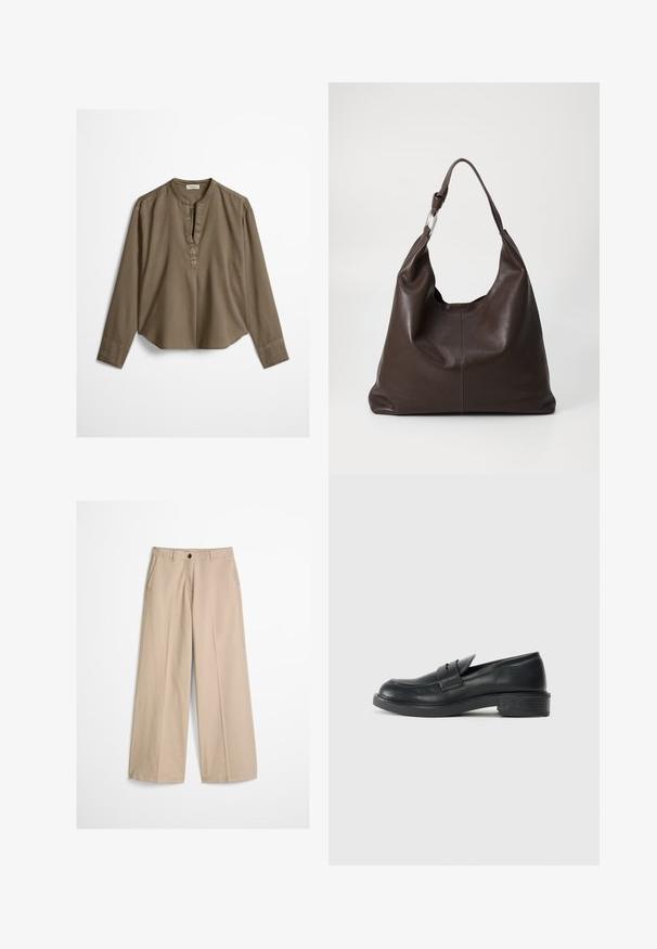 Blouse décontractée marron à manches longues avec col mandarin, pli à l'avant et ourlet légèrement arrondi, étalée à plat sur un fond blanc.; Pantalon beige à jambes larges avec pli frontal, passants pour ceinture, fermeture par bouton et une petite étiquette en tissu sur le côté droit de la ceinture.; Mocassins en cuir noir avec un bout arrondi, des détails cousus et un petit talon. Texture lisse et semelle en caoutchouc flexible.; Zign LEATHER - Cabas - chocolate brown