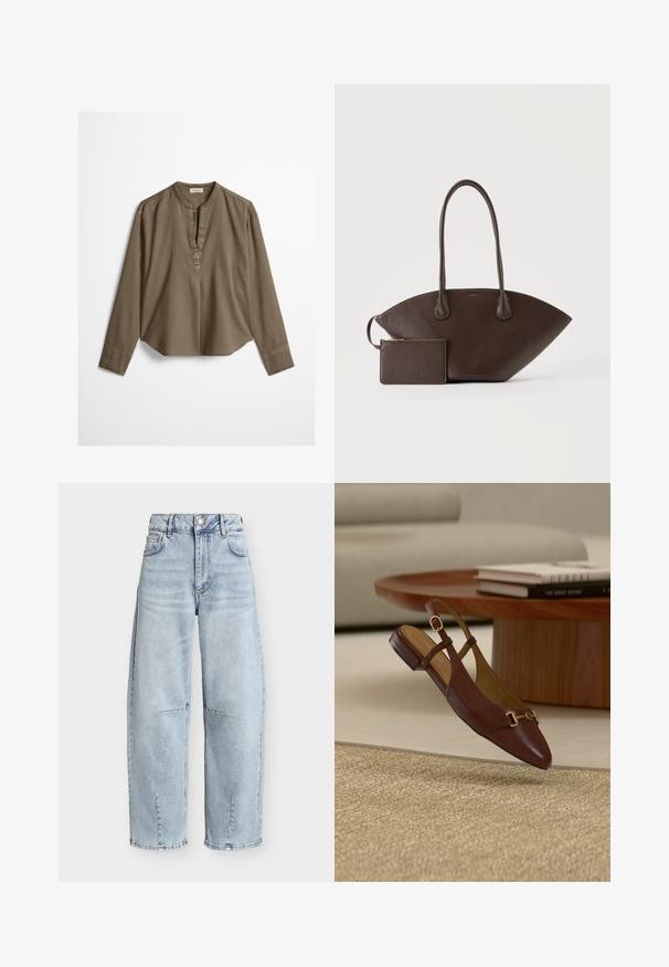 Blouse décontractée marron à manches longues avec col mandarin, pli à l'avant et ourlet légèrement arrondi, étalée à plat sur un fond blanc.; Jean large taille haute bleu clair avec poches avant, passants pour ceinture, fermeture par bouton, et détails discrets de coutures aux genoux et à l'ourlet.; Mocassin slingback plat en cuir marron avec détail de boucle dorée, posé sur un tapis beige texturé près d'une table ronde en bois avec des livres empilés.; Sac à main en cuir marron foncé avec longues poignées et petite pochette assortie zippée sur un fond clair uni.