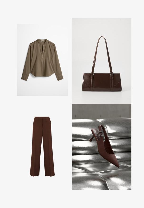 Brun langærmet casual bluse med mandarin-krave, frontplisse og let buet kant, lagt fladt på en hvid baggrund.; Brune bredbenede bukser med en glat overflade, der har en struktureret talje og subtile plisseringer, der løber ned langs forsiden.; Brun spids slingback-sko med lav hæl og spænde, hvilende på en skinnende, metallisk sølv tuftet overflade.; Brun lakeret håndtaske med rektangulær form, to lange håndtag og subtile buede detaljer på fronten.