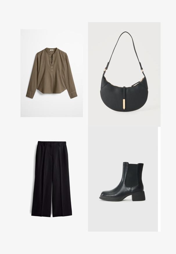 Braune, langärmelige, legere Bluse mit Stehkragen, vorderer Falte und leicht gewölbtem Saum, flach auf weißem Hintergrund ausgebreitet.; Schwarze Culottes mit glatter Textur, die über vordere Taschen und ein klares, maßgeschneidertes Design verfügen. Keine sichtbaren Verschlüsse oder Muster.; Schwarze Leder-Stiefelette mit elastischen seitlichen Einsätzen, runder Zehenpartie und niedrigem Blockabsatz. Die Oberfläche hat eine glatte Textur und minimalistische Details.; Schwarze halbmondförmige Handtasche mit einem einzelnen Träger, goldenem Reißverschluss und einer goldenen rechteckigen dekorativen Lasche vorne.