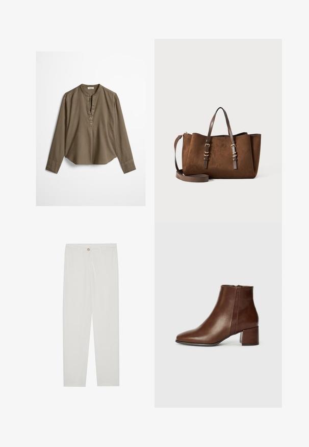 Brun langærmet casual bluse med mandarin-krave, frontplisse og let buet kant, lagt fladt på en hvid baggrund.; Hvide, skrædderlavede bukser med lige ben design, udstyret med knaplukning, bæltesløjfer og sidelommer; glat stoftekstur.; Brune læder ankelstøvler med spids tå og blokhæl. Har en lynlås i siden og en glat overflade med minimal syning.; Brun ruskinds tote taske med en struktureret form, dobbelt læderhåndtag, justerbar skulderrem og hardware i guldfarve.