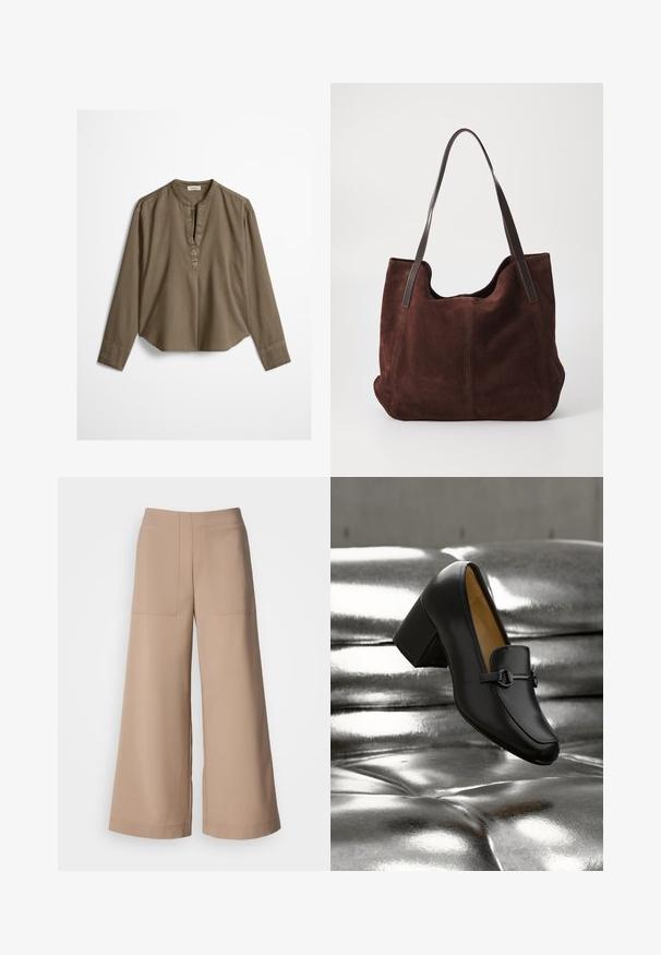 Bruine casual blouse met lange mouwen, mandarijnkraag, plooitje aan de voorkant en licht gebogen zoom, plat uitgestald op een witte achtergrond.; Wide-leg broeken in een lichtbeige stof. Beschikt over twee voorzakken, een platte tailleband en een gladde textuur met een verzorgde afwerking.; Zwarte leren loafer met hoge hak, afgeronde neus, decoratieve band en klein metalen detail. Soepele textuur en strak ontwerp.; Bruine suede totebag met twee donkere leren schouderbanden. Zachte textuur, ronde bovenkant en een ruime binnenkant. Geen zichtbare hardware of versieringen.
