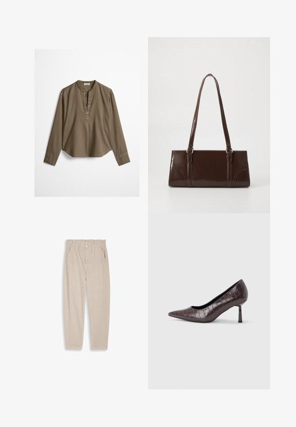 Blouse décontractée marron à manches longues avec col mandarin, pli à l'avant et ourlet légèrement arrondi, étalée à plat sur un fond blanc.; Pantalon beige à jambes droites avec taille élastique, passants pour ceinture, fermeture par bouton et poches avant, présenté sur un fond uni.; Escarpins à bout pointu en similicuir marron avec une texture crocodile, dotés d’un talon fin et angulaire ainsi que d’une doublure intérieure lisse.; Sac à main en cuir verni marron de forme rectangulaire, avec deux longues poignées et des accents courbés subtils à l'avant.