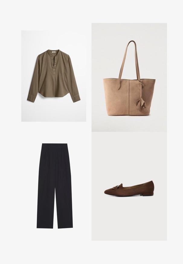 Brun langærmet casual bluse med mandarin-krave, frontplisse og let buet kant, lagt fladt på en hvid baggrund.; Sorte vidde bukser lavet af et glat stof, med pilinger, en flad talje og uden synlige lommer eller udsmykninger.; Brun flad sko med spids tå og dekorativ spændedetalje på toppen, sat mod en ensfarvet lys baggrund.; Ruskinds-taske i afdæmpet beige med to lange stropper, et enkelt design og en bundet dekorationsdetalje på siden. Glat tekstur overalt.