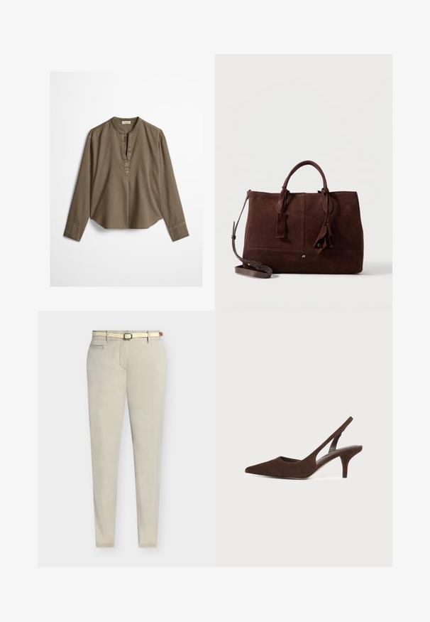 Blouse décontractée marron à manches longues avec col mandarin, pli à l'avant et ourlet légèrement arrondi, étalée à plat sur un fond blanc.; Pantalon beige ajusté avec poches avant et ceinture tissée beige avec un petit détail en cuir marron à la taille.; Escarpin slingback en daim brun foncé avec bout pointu et talon kitten sur un fond clair uni.; Sac à main en daim marron foncé avec doubles poignées, bandoulière amovible, détails cousus et pompons décoratifs en cuir sur fond blanc.