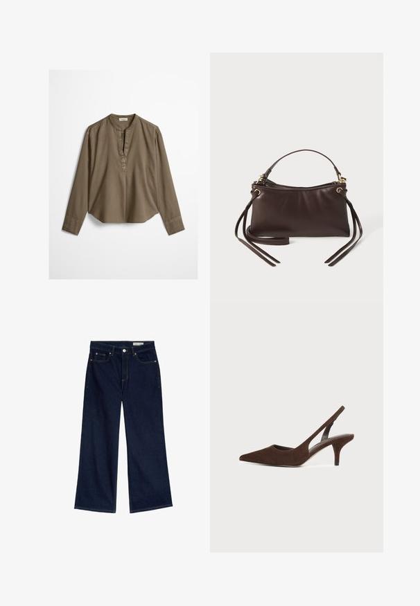 Brun langærmet casual bluse med mandarin-krave, frontplisse og let buet kant, lagt fladt på en hvid baggrund.; Bredde ben mørkeblå denimjeans med høj talje, fem-lomme design, kobber nitter og kontrasterende gul syninger.; Mørkebrun ruskind slingback-pump med spids tå og kittenhæl på en ensfarvet lys baggrund.; Brun læderhåndtaske med en buet top, en kort hank og lange remme. Har guld hardware og en glat overflade.