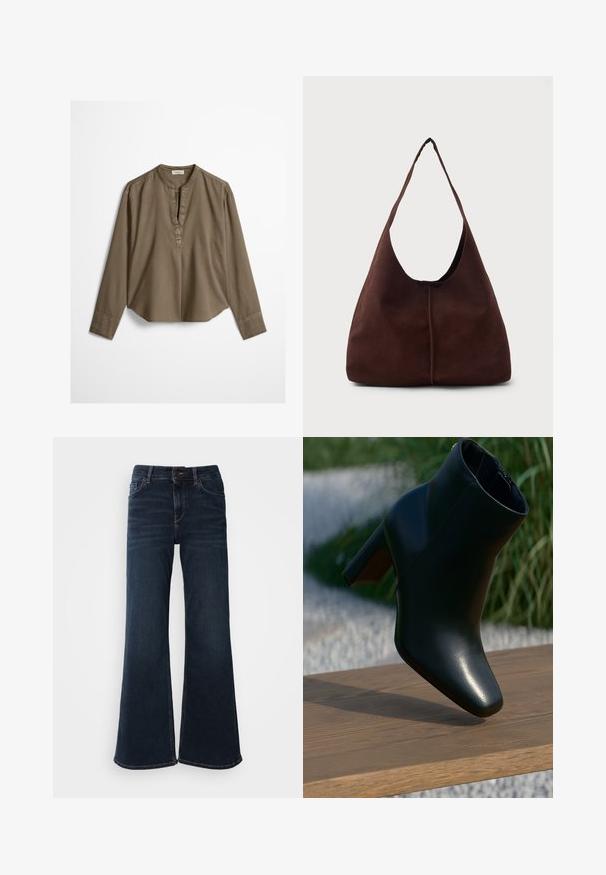 Bruine casual blouse met lange mouwen, mandarijnkraag, plooitje aan de voorkant en licht gebogen zoom, plat uitgestald op een witte achtergrond.; Mos Mosh HERA - Flared Jeans - dark blue; Zwarte leren enkelboot met blokhak, geplaatst op een houten bankje buiten met gras en witte stenen op de achtergrond.; Bruine suède hobo tas met een grote, gebogen opening en een brede schouderband. Heeft een centrale naad aan de voorkant. Glad van structuur.