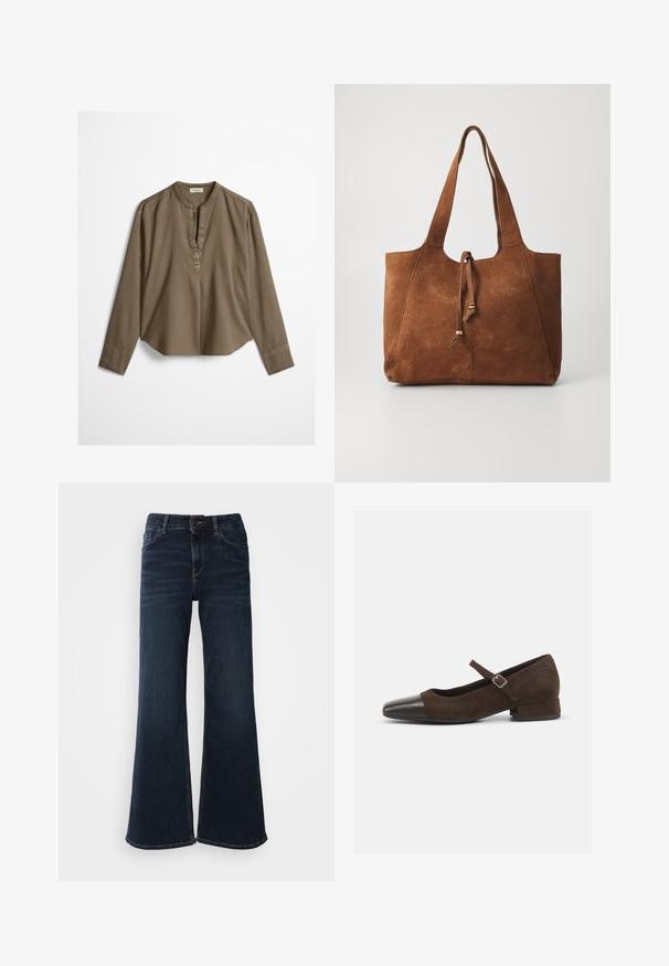 Bruine casual blouse met lange mouwen, mandarijnkraag, plooitje aan de voorkant en licht gebogen zoom, plat uitgestald op een witte achtergrond.; Mos Mosh HERA - Flared Jeans - dark blue; Bruine suède Mary Jane-schoen met een zwarte lakleren neuskap, een verstelbare band en een lage blokhak. Gladde textuur met minimale accenten.; Bruine suede tote bag met twee lange handvatten, trekkoordsluiting en een gladde textuur. Kenmerkt zich door een eenvoudig ontwerp en minimale accenten.
