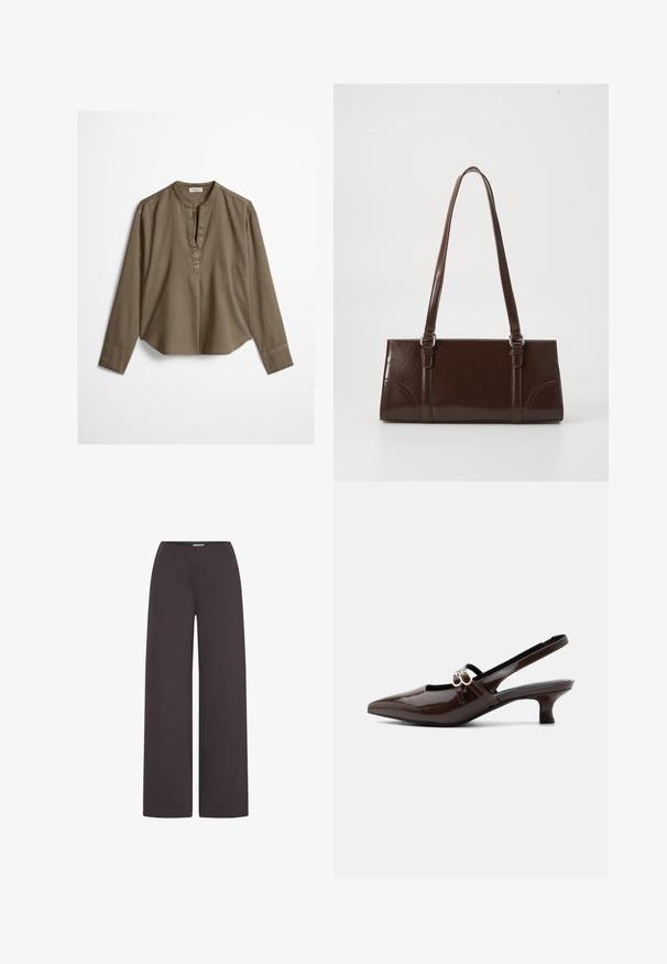 Brun langærmet casual bluse med mandarin-krave, frontplisse og let buet kant, lagt fladt på en hvid baggrund.; ICHI IHKATE WIDE PA2 - Bukser - chocolate torte; Marco Tozzi Pumps - cinnamon; Brun lakeret håndtaske med rektangulær form, to lange håndtag og subtile buede detaljer på fronten.