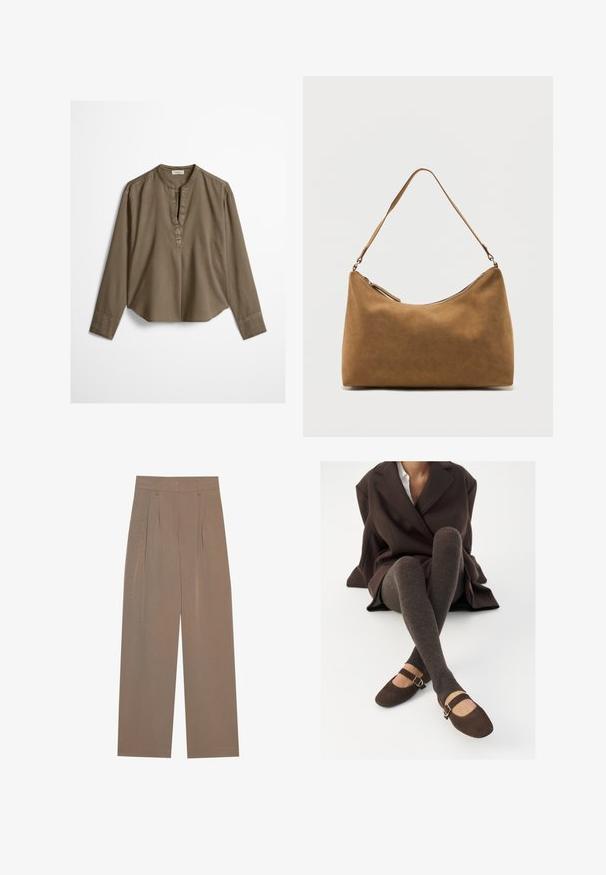 Brun langærmet casual bluse med mandarin-krave, frontplisse og let buet kant, lagt fladt på en hvid baggrund.; Brune plisserede bukser med bred ben-design, der har en flad talje og sidelommer, lavet af et letvægtsstof.; Brune ribbede knæhøje sokker parret med brune ruskinds Mary Jane sko med en dekorativ rem og spænde, båret med en mørk frakke.; Brun skuldertaske i ruskind med enkelt rem og lynlås øverst, vist mod en ensfarvet hvid baggrund.
