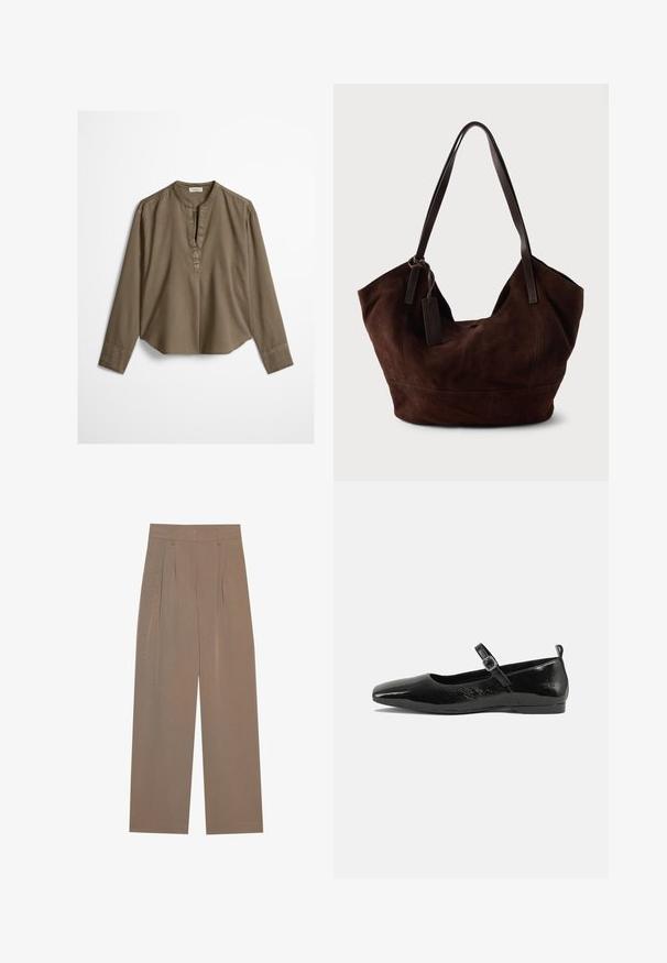 Brun langærmet casual bluse med mandarin-krave, frontplisse og let buet kant, lagt fladt på en hvid baggrund.; Brune plisserede bukser med bred ben-design, der har en flad talje og sidelommer, lavet af et letvægtsstof.; Sorte patentlæder flade sko med spidse tæer, en ankelrem med spænde og en glat, blank tekstur. Lav hæl for komfort.; Brun ruskind taske med en blød, slouchy form. Har læderhåndtag og et tag-accent. Enkelt tekstur med buede sømme.