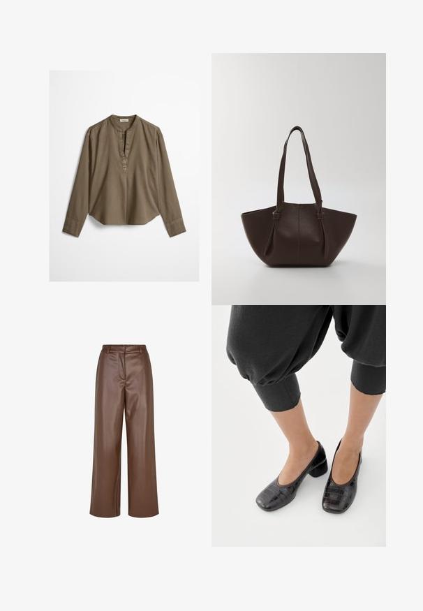 Blouse décontractée marron à manches longues avec col mandarin, pli à l'avant et ourlet légèrement arrondi, étalée à plat sur un fond blanc.; Pantalons larges en simili cuir marron avec une texture lisse, des passants de ceinture et un pli avant au niveau de la taille.; Pieds chaussés de chaussures noires à bout carré, talon bloc bas avec motif crocodile et pantalons noirs raccourcis sur fond blanc.; Sac fourre-tout en cuir brun avec une finition texturée, grande ouverture et doubles anses arrondies ; design minimaliste sans quincaillerie visible.