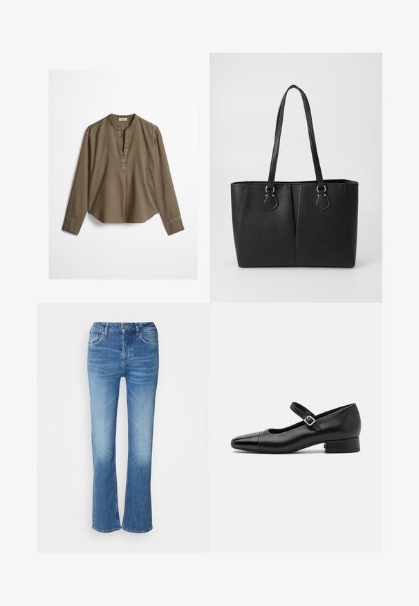Bruine casual blouse met lange mouwen, mandarijnkraag, plooitje aan de voorkant en licht gebogen zoom, plat uitgestald op een witte achtergrond.; Lichtblauwe flared jeans van denim. Heeft een hoge taille, vijf zakken en stikdetails. Zachte textuur met een vervaagd wasseneffect.; Zwarte leren Mary Jane schoenen met een gepatenteerde neus, verstelbare enkelband en lage blokhak. Een gladde textuur en een elegante uitstraling.; Zwarte neplederen tote bag met een gestructureerde afwerking, twee lange handvatten en goudkleurige hardware-accenten aan de zijkant. Rechthoekige vorm.