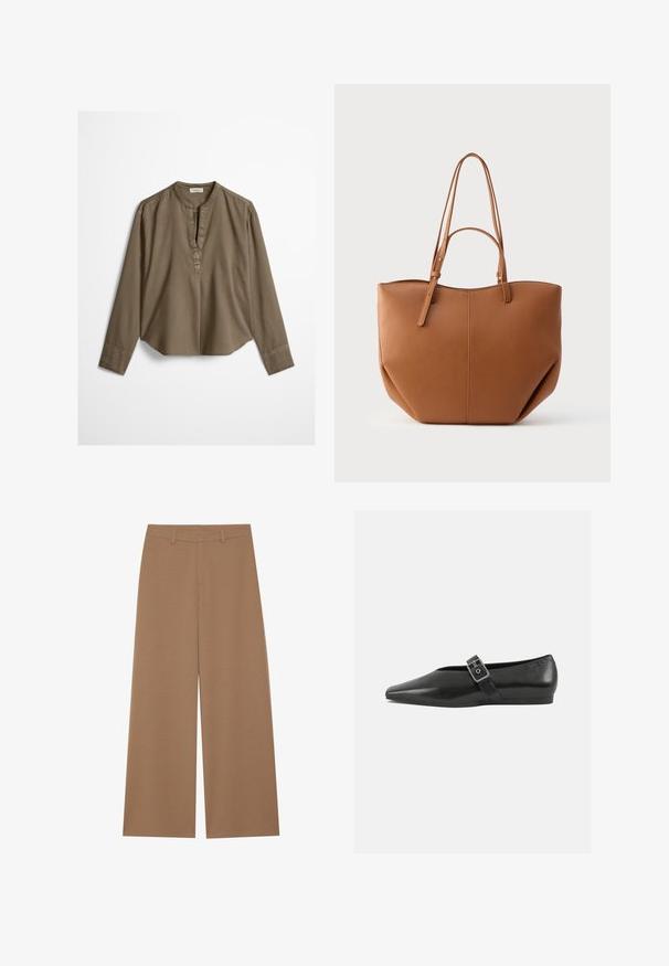 Brun langærmet casual bluse med mandarin-krave, frontplisse og let buet kant, lagt fladt på en hvid baggrund.; Vide benbukser i en ensfarvet brun farve, lavet af et tekstureret stof; har høj talje og struktureret design med bæltestropper.; Sorte læder flade sko med spidse tæer, prydet med en metallisk spænde over vristen og en lav, fleksibel sål.; Tanfarvet taske i imiteret læder med to lange håndtag, afrundet form, synlige syninger og vertikale sømdetaljer. Glat tekstur.