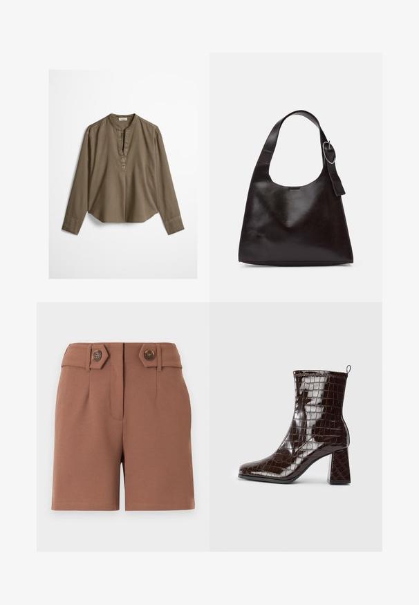 Blouse décontractée marron à manches longues avec col mandarin, pli à l'avant et ourlet légèrement arrondi, étalée à plat sur un fond blanc.; Shorts marron taille haute avec une fermeture avant dissimulée, des passants pour ceinture et deux boutons décoratifs marron sur des pattes inclinées à la taille.; Bottine en cuir verni marron foncé, avec texture crocodile, talon carré et tirant à l'arrière sur fond blanc.; Sac en cuir marron porté épaule avec une texture lisse, une forme arrondie, une large sangle et un accent métallique circulaire sur la poignée.