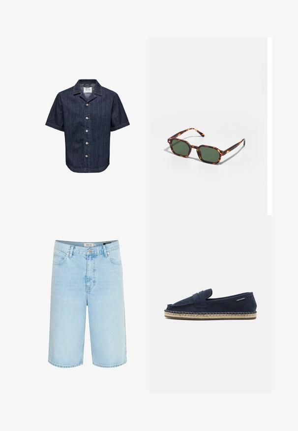Donkerblauw denimoverhemd met korte mouwen, verticale strepen, knoopsluiting aan de voorkant en een klassieke kraag van Only & Sons.; Lichtblauwe denim shorts met een ontspannen pasvorm, vijf-pocket ontwerp, enkele knoopsluiting en contrasterende stiksels langs de naden.; Navy suède espadrille instapper met een gevlochten jute zool, voorzien van een minimalistisch ontwerp zonder zichtbare hardware of patronen.; Tortoiseshell zonnebrillen met groene glazen, met een octagonaal formaat en slanke, gebogen armen. Materiaal heeft een glanzende afwerking.