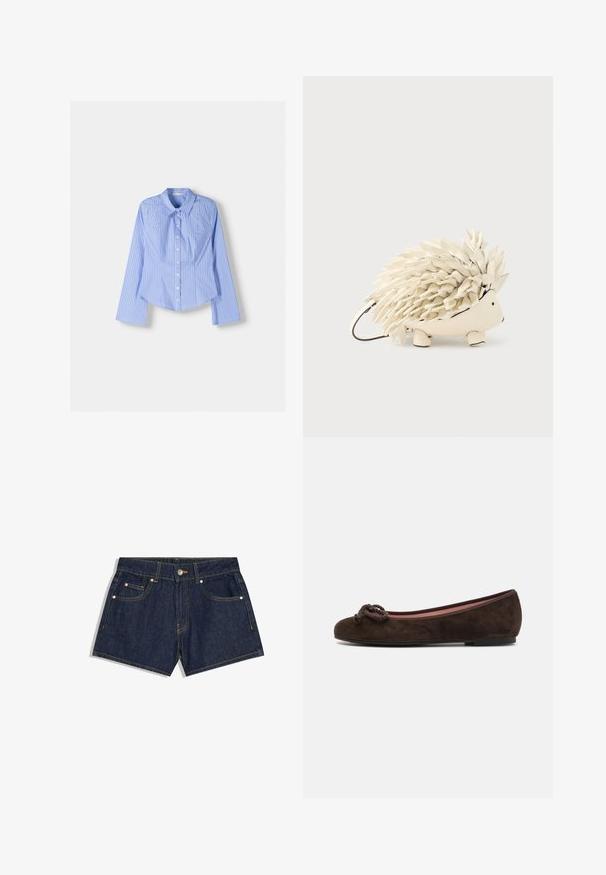 Chemise à manches longues rayée bleue et blanche, avec col évasé, coupe ajustée et ourlet arrondi. Matière en coton texturé.; Short en denim bleu foncé avec bouton et fermeture éclair à l'avant, style cinq poches, avec détails de rivets en cuivre sur les poches.; Pretty Ballerinas Ballerines - brown; Figurine de hérisson en cuir crème à texture épineuse, corps arrondi, pattes courtes et petits détails sur les yeux.