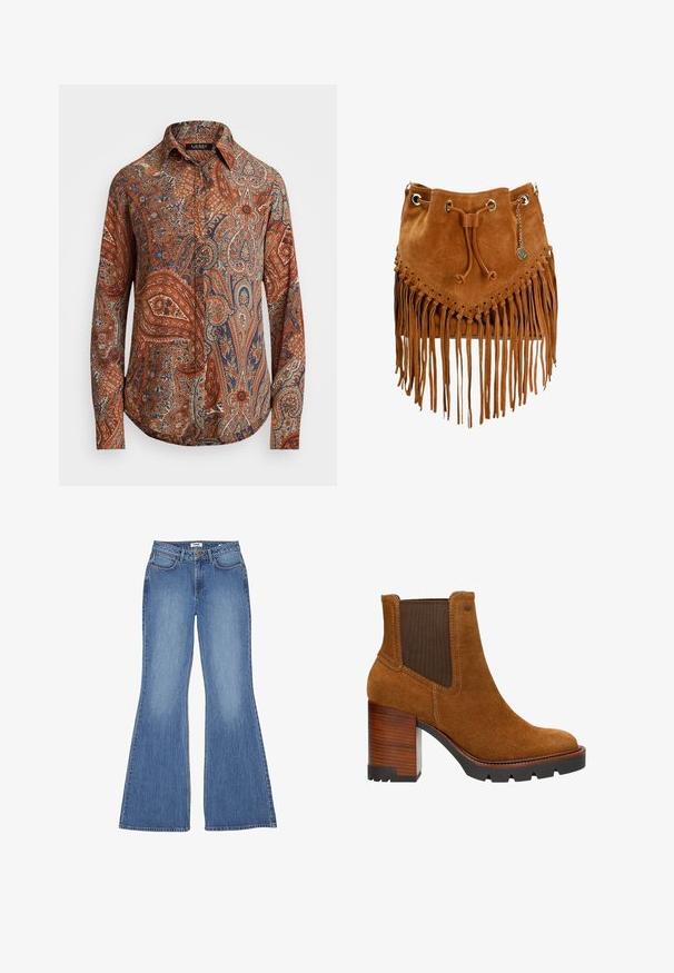 Langarmhemd in Braun mit kunstvollen Paisleymustern in Blau und Creme. Verfügt über einen klassischen Kragen und eine Knopfleiste.; Ausgestellte blaue Denim-Jeans mit hoher Taille, fünf Taschen und Kontrastnähten; glatte Textur und klassischer Waschung.; Braune Wildleder-Ankle Boots mit einem klobigen braunen Holzabsatz, elastischen Seitenteilen und kontrastierenden Nähten, ausgestattet mit einer abgerundeten Zehenpartie und einer strukturierten Sohle.; Braune Wildleder-Eimer-Tasche mit Fransen, Kordelzugverschluss, Metallösen und einem Anhänger. Verfügt über eine strukturierte Oberfläche und ein dreieckiges Design auf der Vorderseite.
