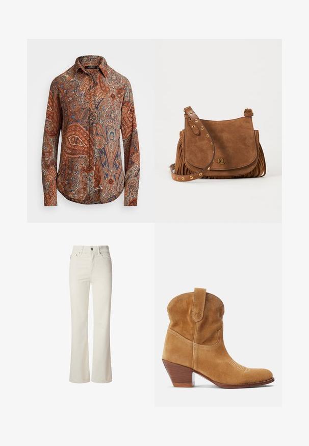 Langærmet skjorte i brun med indviklede paisley-mønstre i blå og creme. Har en klassisk krave og knaplukning foran.; Hvide flagrende jeans lavet af denim. Har en høj talje, fem lommer og metallisk knaplukning. Glat tekstur uden synlige mønstre.; Polo Ralph Lauren CALFSKIN SUEDE WESTERN BOOT - Cowboy- / bikerstøvlette - caramel; Brun ruskind crossbody taske med guldøjer på justerbar rem, frynse detaljer på siderne og lille gyldent RLL-logo på frontklappen.