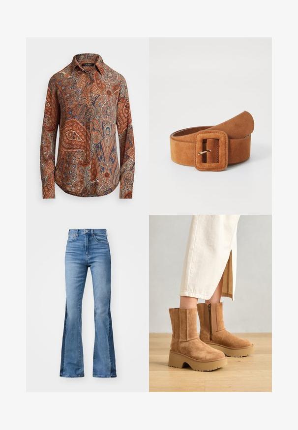 Chemise à manches longues marron avec des motifs paisley complexes en bleu et crème. Présente un col classique et une conception à boutons sur le devant.; Gap Tall 70S - Jean flare - medium indigo; Bottines en daim marron avec une semelle plateforme épaisse, fermeture éclair sur le côté et détails de couture verticaux, associées à une jupe couleur crème.; ONLY ONLKAIA - Ceinture - cognac