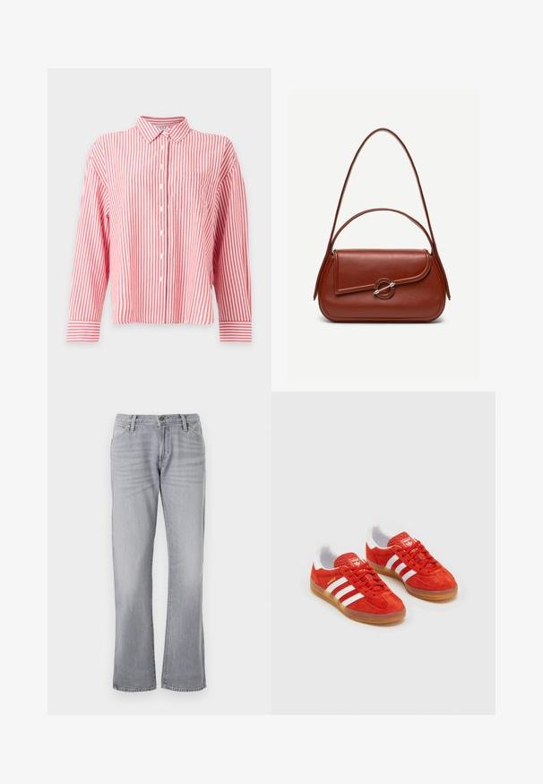 Overhemd met lange mouwen met rode en witte verticale strepen, een borstzak aan de linkerkant en een klassieke kraag.; Wrangler LOW RISE COWBOY - Straight leg jeans - haute haze; Rode suède sneakers met witte strepen, rubberen gumzool, gewatteerde kraag en logo op de tong. Klassiek ontwerp met textuur op de bovenkant.; Bruine leren schoudertas met afgeronde rechthoekige vorm, asymmetrische klep, zilveren ronde sluiting en twee dunne bandjes.