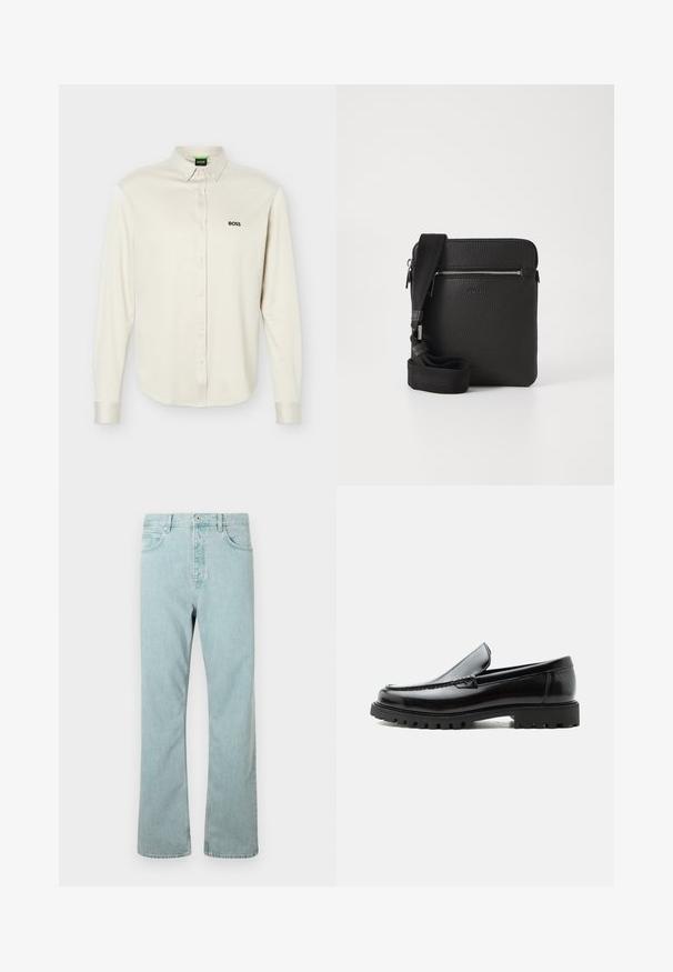 Witte lange mouwen overhemd met knopen en kraag, zwart "BOSS" logo op de linkerborst en manchetten met knopen, getoond tegen een effen achtergrond.; Lichtblauwe denim jeans met een rechtvallende pijp, vijf zakken en een enkele knoopsluiting. Afgewerkt met subtiele stikseldetails.; Zwarte leren loafer met dikke rubberen zool, gestikte bovenkant en gegraveerde merknaam op de hiel, zijaanzicht op witte achtergrond.; Zwarte leren schoudertas met een gestructureerd oppervlak, een ritsvak aan de voorkant en een verstelbare stoffen schouderband. Eenvoudig vierkant ontwerp.