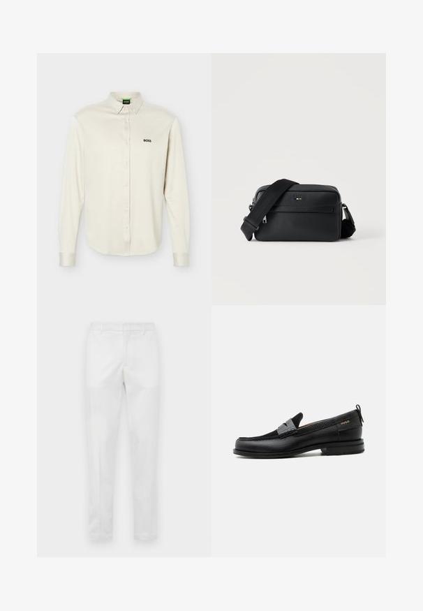 Camisa blanca de manga larga con botones y cuello, logo negro "BOSS" en el pecho izquierdo y puños abotonados, presentada sobre un fondo liso.; Pantalones ajustados blancos con passantes para cinturón, cierre de cremallera frontal y bolsillos laterales, exhibidos planos sobre un fondo neutro.; Mocasín de cuero negro con detalle de tira gris, tacón bajo y suela texturizada, con la marca "HUGO" en oro en el lateral.; Bolso bandolera negro de cuero texturizado con bolsillo frontal con cremallera y correa de hombro ancha de tela ajustable sobre fondo blanco.