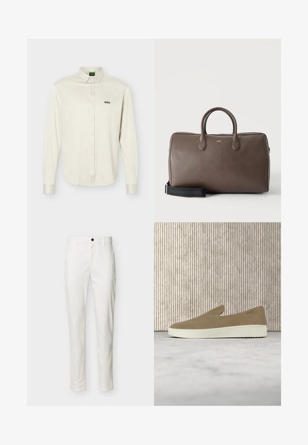 Chemise blanche à manches longues avec col, logo noir "BOSS" sur le côté gauche de la poitrine, et poignets à boutons, présentée sur un fond uni.; Pantalon blanc slim avec un bouton noir, des passants pour ceinture et une fermeture éclair à l'avant, présenté sur un fond uni.; Chaussure beige sans lacets avec semelle blanche, présentée en suspension sur un tapis clair avec un mobilier transparent de couleur ambre en arrière-plan.; Sac de sport en cuir marron avec deux poignées, une bandoulière noire réglable et un petit logo "BOSS" au centre à l'avant.