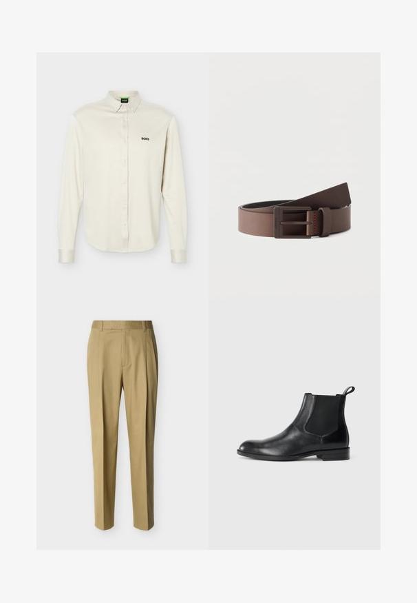 Chemise blanche à manches longues avec col, logo noir "BOSS" sur le côté gauche de la poitrine, et poignets à boutons, présentée sur un fond uni.; Pantalon beige ajusté avec passants de ceinture et pli frontal, présenté sur un fond clair uni.; Bottine en cuir noir avec des panneaux latéraux élastiques, bout rond et tirette. Texture lisse, semelle plate, design minimaliste.; Ceinture en cuir marron avec une boucle rectangulaire en métal foncé mat, partiellement enroulée sur un fond blanc uni.