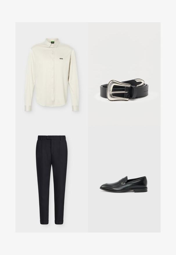 Chemise blanche à manches longues avec col, logo noir "BOSS" sur le côté gauche de la poitrine, et poignets à boutons, présentée sur un fond uni.; Pantalon noir sur mesure avec fermeture à boutons, passants de ceinture, plis avant et ourlets retroussés sur fond blanc uni.; Mocassin pour hommes en cuir noir avec talon bas, bout arrondi et petit logo métallique sur la bride, présenté en profil latéral sur un fond uni.; Ceinture en cuir noir avec une grande boucle de style western argentée et une pointe de ceinture argentée assortie, enroulée sur un fond blanc.