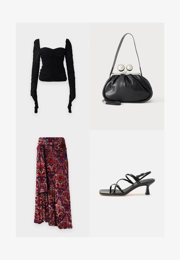 Schwarzes, langärmeliges Oberteil mit rüschenartiger Textur, schulterfreiem Design und figurbetonter Silhouette. Das Material wirkt dehnbar und glatt.; Rabanne Maxirock - tapestry/navy/burgundy/red/cream; Schwarze lackierte Riemchensandalen mit quadratischer Zehenpartie und niedrigem Blockabsatz. Ausgestattet mit vergoldeten Beschlägen und verstellbaren Knöchelriemen.; Schwarze Ledertasche mit gerafftem Design, einem einzelnen Riemen, silbernem Metallrahmen und zwei großen runden silbernen Verschlüssen.