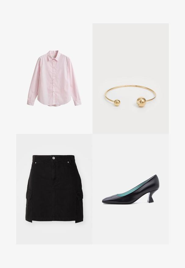 Chemise à manches longues rayée rose avec col boutonné, présentant un logo subtil sur la poitrine et un ourlet droit. Texture en coton lisse.; Jupe en denim noir avec une silhouette ajustée, fermeture à boutons sur le devant et deux poches cargo sur les côtés. Conçue avec des détails cousus.; Escarpin en cuir noir à bout pointu avec un petit talon bloc de forme unique et une doublure intérieure bleu clair, présenté sur un fond blanc uni.; Bracelet en métal doré avec deux accents sphériques à chaque extrémité, texture lisse, design minimaliste et forme ouverte.