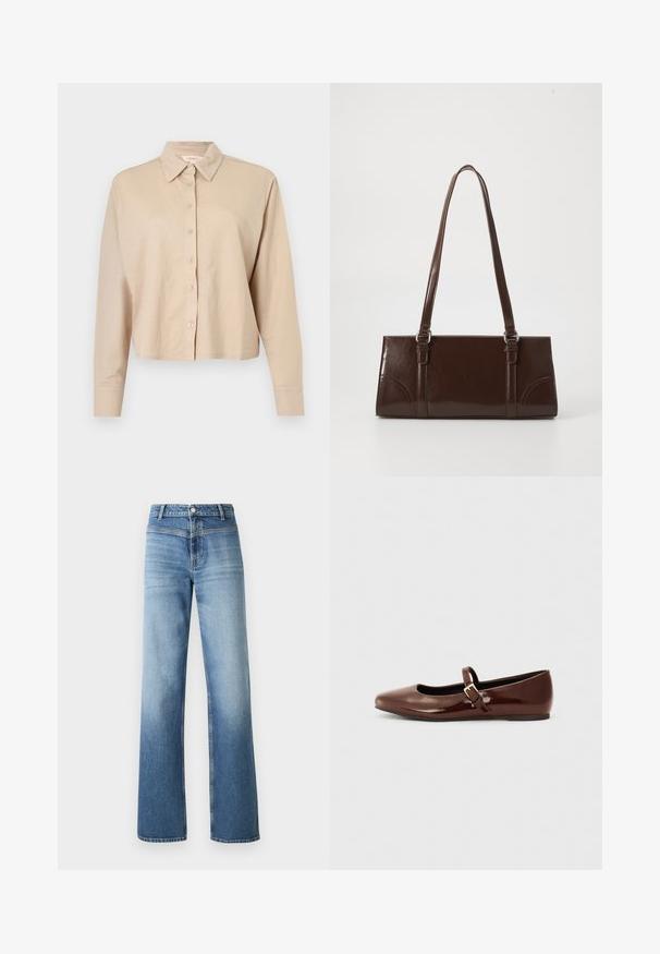 Camisa cropped beige de manga larga con cuello y cierre frontal de botones, hecha de tela suave y ligera.; Vaqueros de mezclilla azul claro con cintura alta, diseño de pierna recta, lavado desgastado y estilo clásico de cinco bolsillos. Terminado con un cierre de botón.; Bailarina de charol marrón con punta cuadrada y tira que presenta una pequeña hebilla dorada. Textura suave, tacón bajo y diseño minimalista.; Bolso de mano de piel sintética marrón con forma rectangular, dos asas largas y sutiles acentos curvados en la parte delantera.