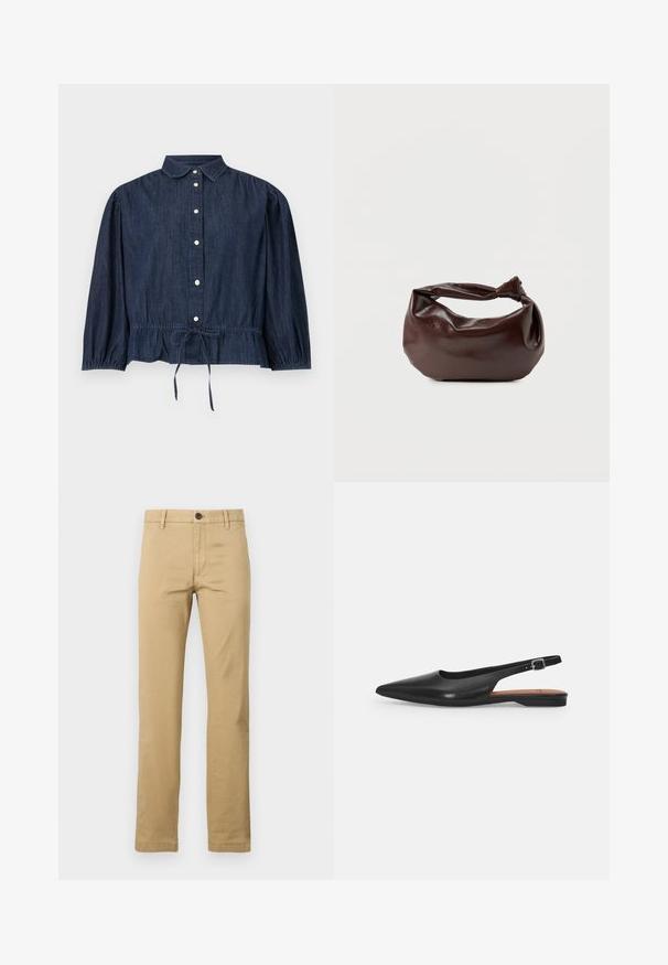 Dunkelblaue Jeansbluse mit langen Ärmeln, Knopfleiste, Kragen, gerafften Manschetten und verstellbarem Taillen-Kordelzug.; Khaki Chinos aus Baumwolle mit geradem Bein, zwei vorderen Taschen, einem abnehmbaren Knopfverschluss und Gürtelschlaufen, mit einer glatten Textur.; Schwarzer Leder Slingback-Schuh mit spitzer Zehenform, subtiler Glanz und verstellbarem Knöchelriemen. Flacher Absatz mit einer braunen Innensohle.; Dunkelbraune Lederschultertasche mit weicher, lockerer Form und einem gedrehten Knotengriff vor schlichtem weißem Hintergrund.