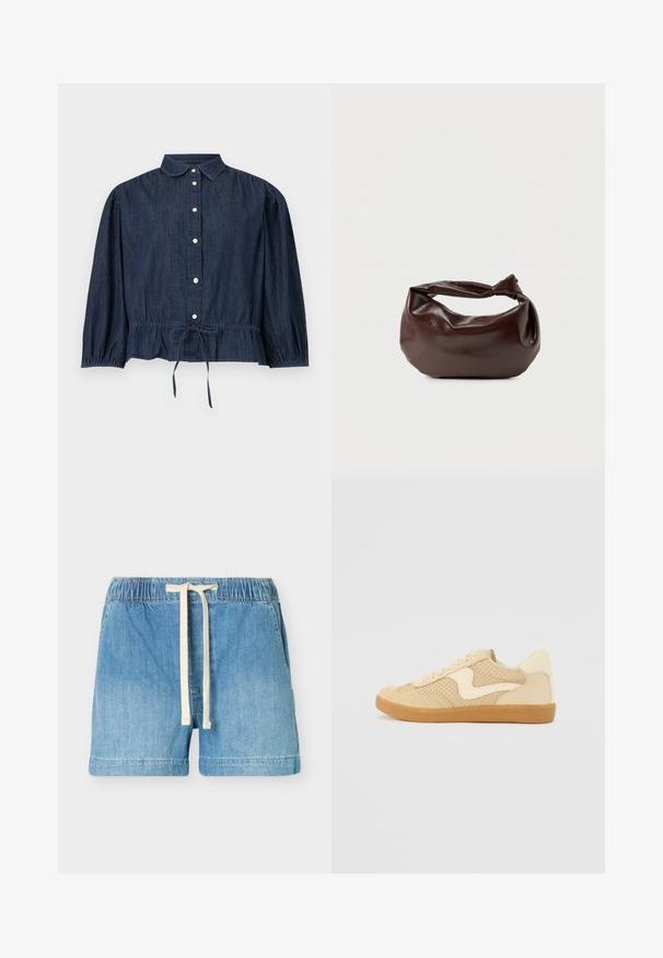 Blouse à manches longues en jean bleu foncé avec fermeture à boutons sur le devant, col, poignets froncés et taille ajustable par cordon.; Short en denim bleu clair avec taille élastique et cordon blanc, poches avant et ourlet droit.; Sneaker beige avec des matériaux en daim et en maille, forme arrondie, col rembourré proéminent et semelle en caoutchouc gomme. Présente un accent de design en forme de vague.; Sac bandoulière en cuir marron foncé avec une forme souple et décontractée et une anse nouée torsadée sur un fond blanc uni.