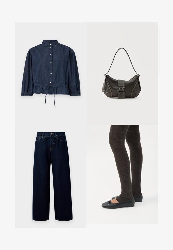 Blusa de mezclilla azul oscuro de manga larga con botones al frente, cuello, puños fruncidos y cintura con cordón ajustable.; Vaqueros de pierna ancha de denim azul oscuro, con cierre de botón en la parte frontal y cintura ajustable con cordón, y detalles de costura en contraste.; Piernas con leggings oscuros acanalados combinados con bailarinas negras que presentan pequeños detalles de lazo sobre un fondo blanco.; Bolso de hombro de cuero negro con detalle de correa con hebilla, bordes curvos y costuras blancas en contraste sobre un fondo liso.