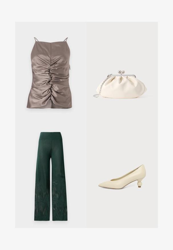 Camisole en taupe soyeux avec des bretelles réglables, présentant des fronces à l'avant et une fermeture éclair sur le côté, texture lisse et silhouette ajustée.; Pantalons larges verts en maille légère avec un motif en zigzag au niveau de l'ourlet. Présente une taille lisse pour plus de confort.; Chaussure femme couleur crème à bout pointu avec un petit talon rond en forme de boule, sur fond uni.; Pochette en tissu crème avec un design froncé, cadre en métal argenté, deux boules décoratives, et une bandoulière chaîne argentée.