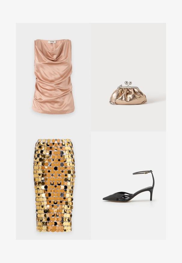 Cowl-neck, ærmeløs top i blød, blush satin med samlede detaljer langs siderne og en lige kant. Har en lynlås i ryggen.; Rabanne Pencil skirt - brown/black; Sort læder højhælet sko med spids tå, åbne sider og en tynd ankelrem med en lille guld detalje.; Lille gylden metalisk clutch taske med sølvspænde og kæderem på ensartet lyst baggrund.