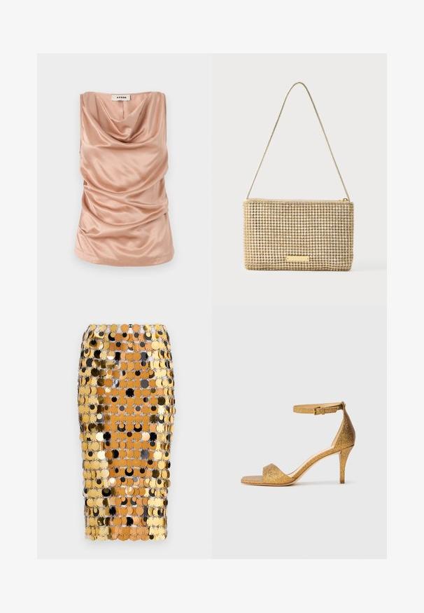 Mouwloze top met col in zachte, lichtroze satijnen stof, met geplooide details aan de zijkanten en een rechte zoom. Voorzien van een rits aan de achterkant.; Rabanne Kokerrok - brown/black; Gouden glinsterende hoge sandaal met enkelband en gesp, open teen en slanke stilettohak op een effen achtergrond.; Gouden clutch met een rechthoekige vorm, bedekt met glanzende, zilveren strass-steentjes. Voorzien van een dunne metalen schouderriem en een ritssluiting.