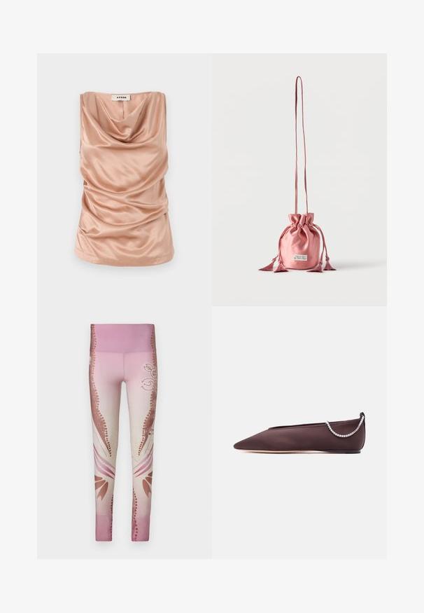 Haut sans manches à col drapé en satin doux de couleur rose pâle, avec des détails froncés sur les côtés et un ourlet droit. Comprend une fermeture éclair au dos.; Leggings roses avec un dégradé de clair à foncé, ornés de motifs floraux et d'accents décoratifs sur les côtés. Texture lisse.; Chaussure plate marron foncé à bout pointu avec un petit talon et un détail chaîne en strass argentée à l'arrière.; Petit sac en satin rose avec cordon de serrage, longue sangle et détails à pampilles, debout sur un fond blanc uni.
