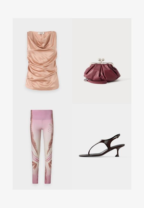 Haut sans manches à col drapé en satin doux de couleur rose pâle, avec des détails froncés sur les côtés et un ourlet droit. Comprend une fermeture éclair au dos.; Leggings roses avec un dégradé de clair à foncé, ornés de motifs floraux et d'accents décoratifs sur les côtés. Texture lisse.; Sandale slingback en cuir verni marron foncé avec petit talon et bride entre les orteils sur fond blanc.; Petite pochette en cuir bordeaux avec fermoir en métal argenté et bracelet pour poignet sur fond blanc.