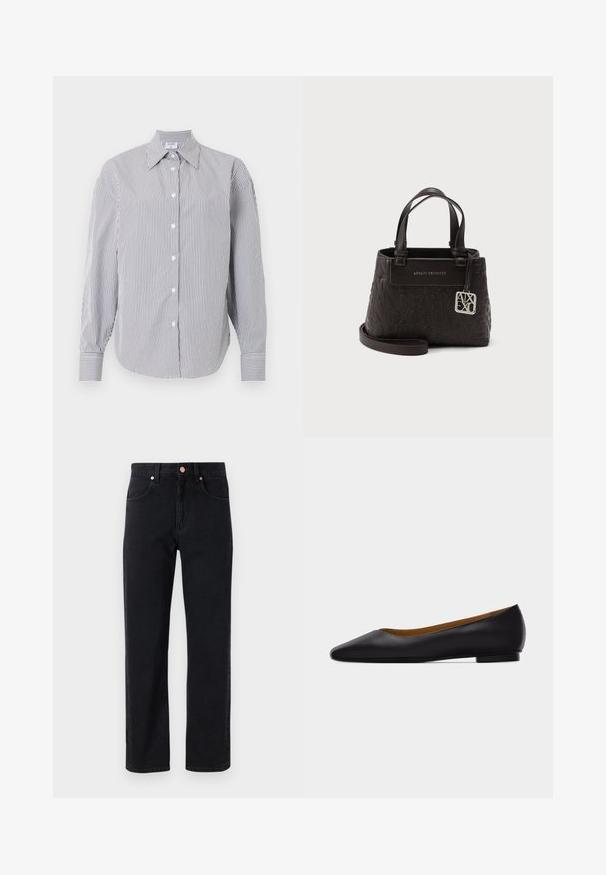 Overhemd met lange mouwen met een klein zwart-wit geruit patroon, puntige kraag en knoopmanchetten.; Zwarte denim jeans met een recht model, vijf-pocket ontwerp, koperen knoopdetails en minimale zichtbare stiksels.; Zwarte leren puntschoen met lage hak en gladde afwerking, zijaanzicht op een lichtgrijze achtergrond.; Zwarte leren Armani Exchange handtas met gegraveerd logo patroon, twee handvatten, afneembare band en zilveren merkbedel aan de zijkant.