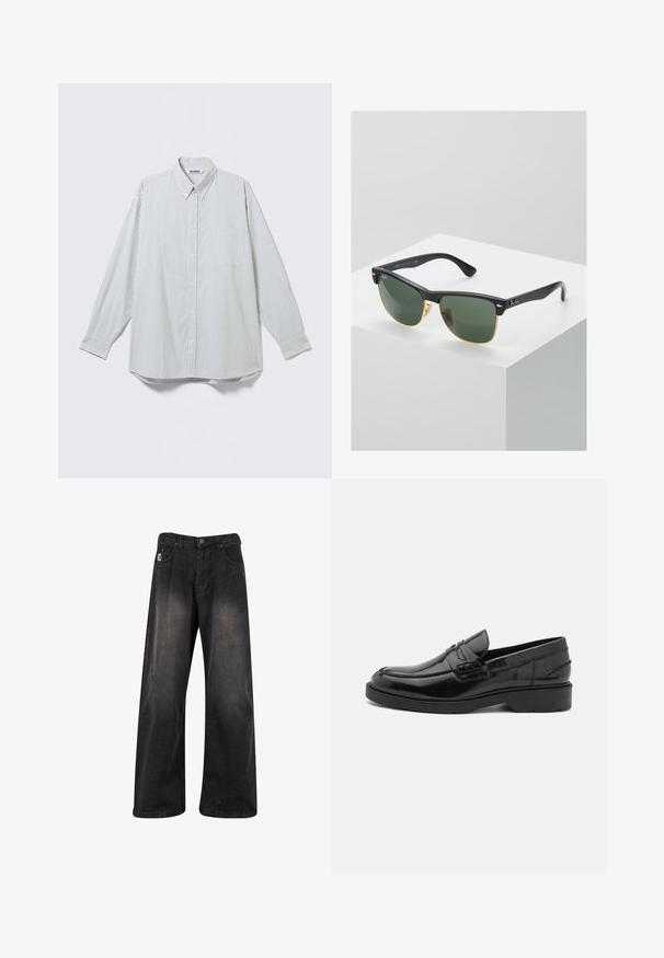 Wit overhemd met lange mouwen, knopen, dunne verticale zwarte strepen en een borstzakje, plat weergegeven op een lichte achtergrond.; Zwarte wijde denim broek met een vervaagde afwerking, uitgerust met een knoopsluiting, vijf zakken en een merkpatch aan de linkervoorzijde.; Zwarte leren instappers met een gladde afwerking, ronde neus, lage hak en decoratieve stiksels aan de voorkant. Rubberen buitenzool voor grip.; Ray-Ban zonnebrillen met groene lenzen, zwarte plastic monturen en gouden accenten aan de randen. Vierkante vorm met een matte afwerking.