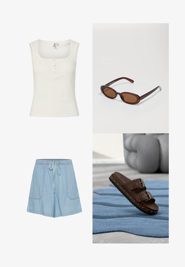 Camiseta sin mangas blanca con textura acanalada, escote cuadrado y tres pequeños botones metálicos de presión en el centro delantero.; Pantalones cortos de mezclilla azul claros con cintura elástica, detalles de lazo, dos bolsillos frontales y acentos de costura.; Sandalias marrones sin cordones con dos hebillas ajustables, detalles de tachuelas a lo largo de la suela y plantilla texturizada sobre una alfombra azul.; Gafas de sol redondas con tinte marrón y un marco burdeos brillante. Patillas delgadas con un sutil detalle de marca. Diseño de lentes planos.