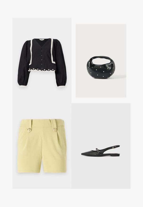 Blouse noire cropped avec des manches bouffantes, décolleté en V, détails en dentelle blanche sur les bords, fermeture à boutons, et broderie florale à l'ourlet.; Shorts jaune clair en tissu lisse, avec deux plis à l'avant et des boutons décoratifs dorés sur la taille. Design ajusté.; Chaussures slingback en cuir noir avec un bout pointu, comprenant une lanière étroite et un accent de boucle argentée sur le côté. Semelle plate.; Sac à main en cuir noir de forme arrondie, décoré de clous argentés et équipé d'une poignée courte. Texture lisse et fermeture éclair.