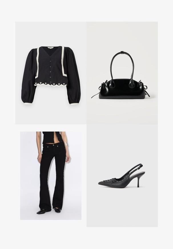 Zwarte cropped blouse met puffmouwen, v-halslijn, witte kantdetails op de randen, knoopsluiting en bloemenborduursel aan de zoom.; Vrouw draagt zwarte uitlopende broek, zwart mouwloos topje met rits aan de voorkant, zwarte puntige schoenen, zilveren armband en ringen, staand tegen een witte achtergrond.; Zwarte leren slingback stiletto met spitse neus, zijgesp met gesp, studs langs de rand en decoratieve veters aan de voorkant.; Kleine zwarte glanzende handtas met twee lange hengsels en zijkant trekkoord details op een effen lichte achtergrond.