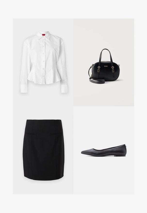Hvid peplum skjorte med lange ærmer, klassisk krave og frontlukning med knapper. Lavet af glat bomuldsstof med et struktureret design.; Sort pencilskørt lavet af glat stof, med en tætsiddende design, to forlommer og en knælang kant.; Sort flad lædersko med spidst tåparti og lav hæl, vist i sideprofil mod en hvid baggrund.; Sort oval håndtaske med dobbelte håndtag, aftagelig skulderrem, guldfarvede spænder og "HUGO" logo på forsiden.