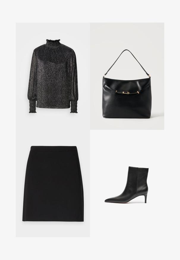 Haut noir à manches longues avec un col froncé haut, en tissu texturé, et des poignets resserrés. Présente une finition métallique scintillante avec une coupe décontractée.; Jupe noire au design simple, avec une texture lisse et une taille ajustée. Inclut une poche latérale pour plus de fonctionnalité.; Bottine en cuir noir avec un bout pointu et un talon élancé, présentant une texture lisse et un design épuré.; Sac à épaule en cuir noir avec une bandoulière unique et un petit détail de boucle dorée à l'avant, sur un fond clair uni.